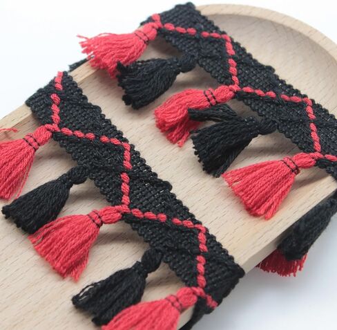 Yalulu 5 Yards Rainbow Cotton Tassel Fringe Lace Trim Ribbons Sewing Cloth DIY Crafts Sewing Curtains Clothes Craft Accessories (Black&Red) in Saudi Arabia