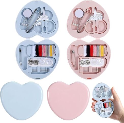 Grevosea 2 Pack Mini Travel Sewing Kit, Heart Shaped Portable Travel Sewing Repair Mini Box Beginner Emergency Repair Kit with Threads Scissors DIY Hand Sewings Needles Blue Pink in Saudi Arabia