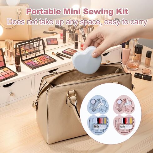 Grevosea 2 Pack Mini Travel Sewing Kit, Heart Shaped Portable Travel Sewing Repair Mini Box Beginner Emergency Repair Kit with Threads Scissors DIY Hand Sewings Needles Blue Pink in Saudi Arabia