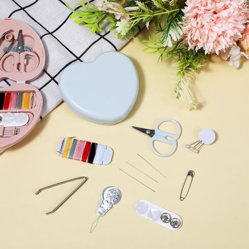 Grevosea 2 Pack Mini Travel Sewing Kit, Heart Shaped Portable Travel Sewing Repair Mini Box Beginner Emergency Repair Kit with Threads Scissors DIY Hand Sewings Needles Blue Pink in Saudi Arabia