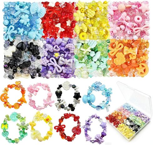 600-650 قطعة من الخرز الأكريليك لصنع الأساور، 8 ألوان مختلطة لطيف على شكل زهرة وفيونكة على شكل فراشة ودب وأساور وقلادات وسلاسل مفاتيح مصنوعة يدويًا in Kuwait