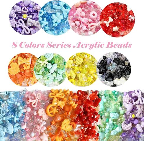 600-650PCS Acrylic Beads for Bracelets Making, 8 Mixed Colors Cute Flower Bow Butterfly Bear Beads Bracelets Charms Necklaces Keychains DIY Crafts in Saudi Arabia