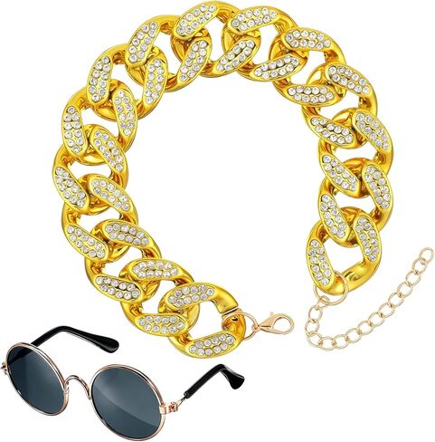 2 Pieces Cat Dog Glasses and Necklace Chain Collar Costume Cool Retro Sunglasses Gold Chain Set Funny Rhinestone Collar Pet Clothes Decoration for Small Dogs Cats Puppy Photo Props Accessories in Saudi Arabia