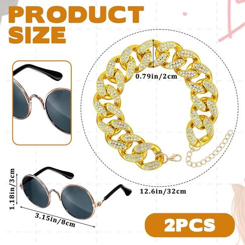 2 Pieces Cat Dog Glasses and Necklace Chain Collar Costume Cool Retro Sunglasses Gold Chain Set Funny Rhinestone Collar Pet Clothes Decoration for Small Dogs Cats Puppy Photo Props Accessories in Saudi Arabia