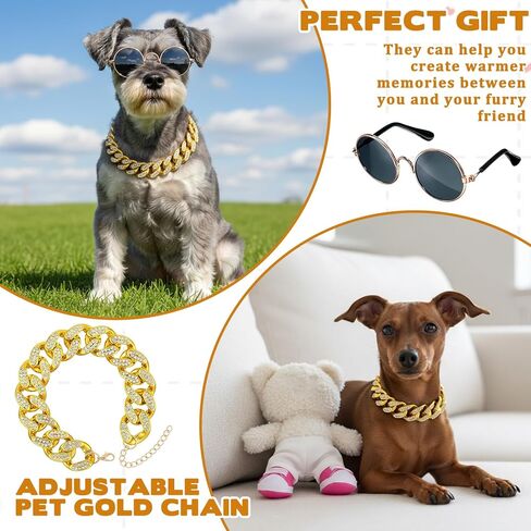 2 Pieces Cat Dog Glasses and Necklace Chain Collar Costume Cool Retro Sunglasses Gold Chain Set Funny Rhinestone Collar Pet Clothes Decoration for Small Dogs Cats Puppy Photo Props Accessories in Saudi Arabia