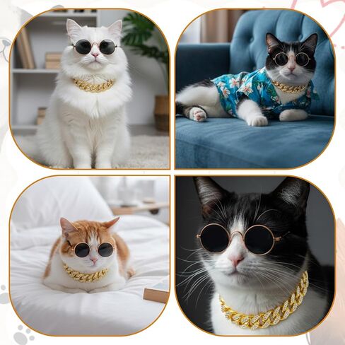 2 Pieces Cat Dog Glasses and Necklace Chain Collar Costume Cool Retro Sunglasses Gold Chain Set Funny Rhinestone Collar Pet Clothes Decoration for Small Dogs Cats Puppy Photo Props Accessories in Saudi Arabia
