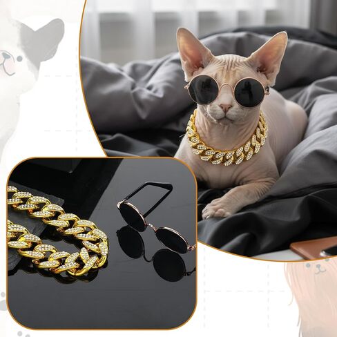 2 Pieces Cat Dog Glasses and Necklace Chain Collar Costume Cool Retro Sunglasses Gold Chain Set Funny Rhinestone Collar Pet Clothes Decoration for Small Dogs Cats Puppy Photo Props Accessories in Saudi Arabia