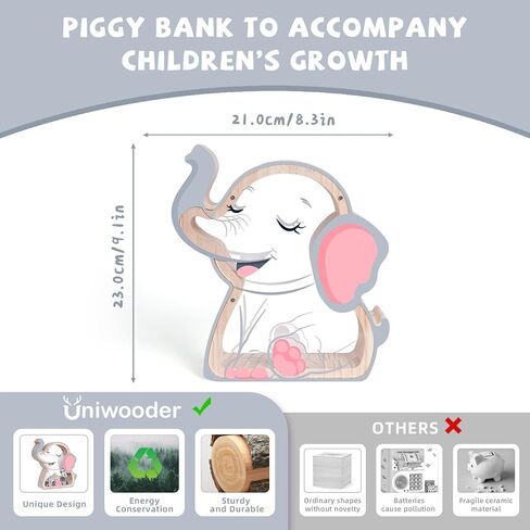 Wooden Elephant Piggy Bank for Kids, Unbreakable Elephant Kids Coin Bank with Letter Stickers, Cute Cashbox Money Jar Easter, Birthday Gifts for Boys, Girls, Educational Toys for Boys, Girls in Kuwait