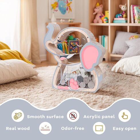 Wooden Elephant Piggy Bank for Kids, Unbreakable Elephant Kids Coin Bank with Letter Stickers, Cute Cashbox Money Jar Easter, Birthday Gifts for Boys, Girls, Educational Toys for Boys, Girls in Kuwait