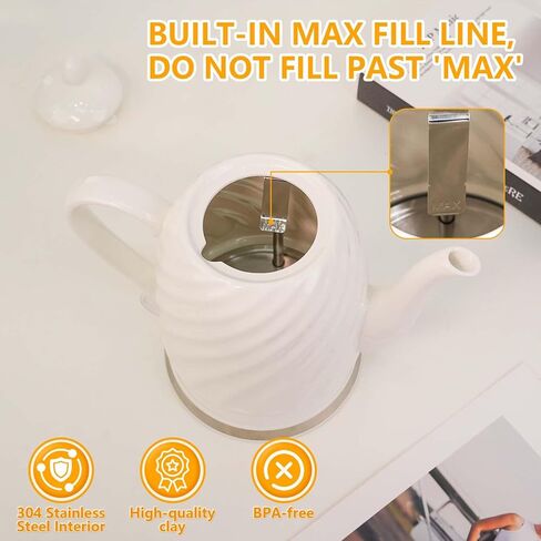 Ceramic Electric Kettle - 50oz electric tea kettle, 1500W Fast rapid boil, Cordless LED Indicator, Auto Shut-Off & Boil Dry Protection,Hot Water Boiler For Coffee & Tea,White in Kuwait