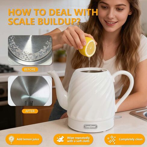 Ceramic Electric Kettle - 50oz electric tea kettle, 1500W Fast rapid boil, Cordless LED Indicator, Auto Shut-Off & Boil Dry Protection,Hot Water Boiler For Coffee & Tea,White in Kuwait