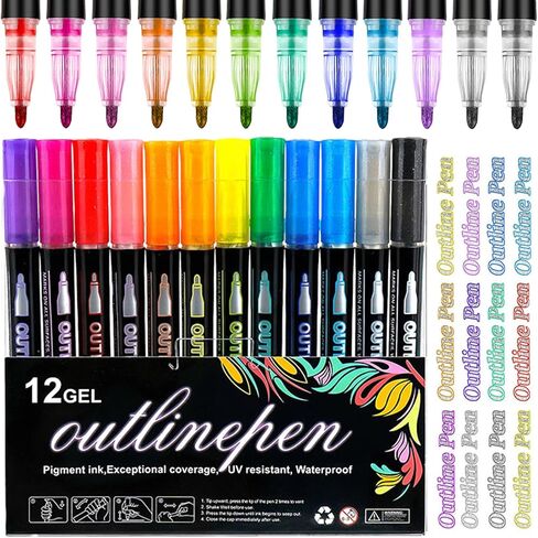 Quick-Dry ＆ Waterproof Dreamy Sparkle Dual-Line Contour Pen, 2026 New Dual Line Contour Pen,Double Line Outline Pen Sparkle Markers For Drawing, Diy Crafts (12) in Saudi Arabia