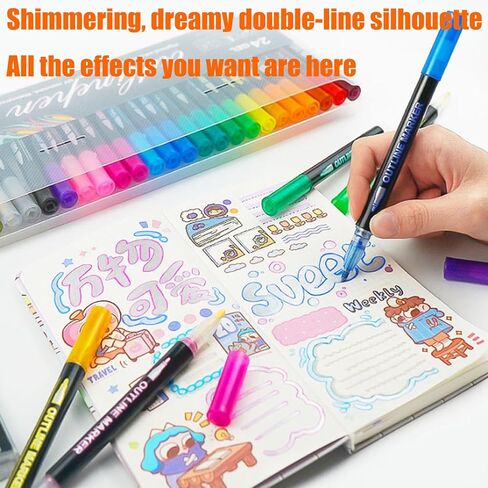 Quick-Dry ＆ Waterproof Dreamy Sparkle Dual-Line Contour Pen, 2026 New Dual Line Contour Pen,Double Line Outline Pen Sparkle Markers For Drawing, Diy Crafts (12) in Saudi Arabia