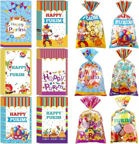 Yexiya 120 Pcs Happy Purim Treat Gift Bags Bulk 6" x 10" Plastic Candy Bags for Purim Party Favor Holiday Gift Wrap Decorations Candy Goodie Supplies in Saudi Arabia