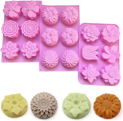 3 Pcs Silicone Soap Molds, 6-Cavity Mold, 18 Different Patterns, Suitable for Homemade Soap, Chocolate, Cake, Bath Ball in Saudi Arabia