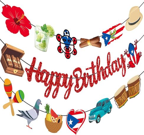 Puerto Rico Party Banners 3PCS Puerto Rican Birthday Party Decorations Glitter Red Puerto Rico Theme Cutout Banners Vintage Car Frog Cigar Decor for Patriotic Festival National Day Supplies in Saudi Arabia