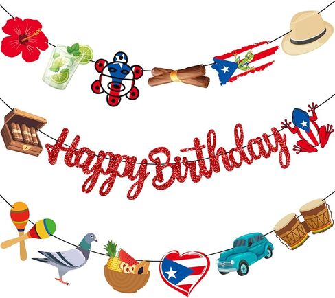 Puerto Rico Party Banners 3PCS Puerto Rican Birthday Party Decorations Glitter Red Puerto Rico Theme Cutout Banners Vintage Car Frog Cigar Decor for Patriotic Festival National Day Supplies in Saudi Arabia