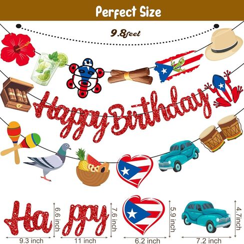 Puerto Rico Party Banners 3PCS Puerto Rican Birthday Party Decorations Glitter Red Puerto Rico Theme Cutout Banners Vintage Car Frog Cigar Decor for Patriotic Festival National Day Supplies in Saudi Arabia