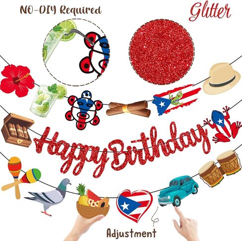 Puerto Rico Party Banners 3PCS Puerto Rican Birthday Party Decorations Glitter Red Puerto Rico Theme Cutout Banners Vintage Car Frog Cigar Decor for Patriotic Festival National Day Supplies in Saudi Arabia