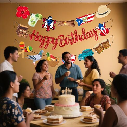 Puerto Rico Party Banners 3PCS Puerto Rican Birthday Party Decorations Glitter Red Puerto Rico Theme Cutout Banners Vintage Car Frog Cigar Decor for Patriotic Festival National Day Supplies in Saudi Arabia