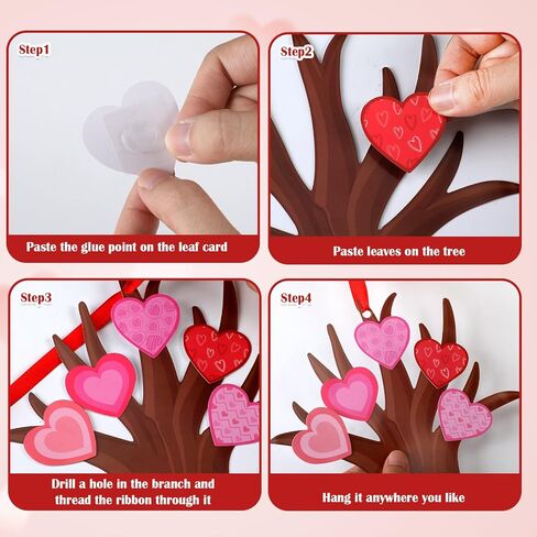 Harloon 48 Sets Valentine Tree of Hearts Craft Kit Make Your Own Bulletin Board Set DIY Valentine Tree with 12 Sheets Glue Point Dots and Ribbon for Kids Home Classroom Party Art Project Decoration in Saudi Arabia