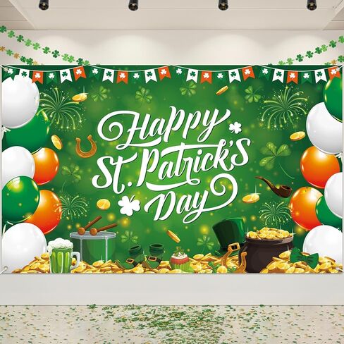 Happy St Patricks Day Banner Decorations St Patricks Day Backdrop 71x43Iin Lucky Irish Green Shamrock Background Saint Patrick Party Decorations Banner Photo Booth Shoot Studio Props (Green Four-leaf) in Saudi Arabia