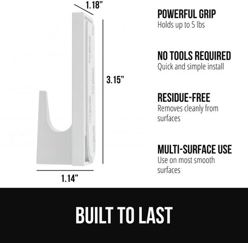 GORILLA GRIP خطافات جدارية شديدة التحمل قابلة لإعادة الاستخدام للتعليق، عصا قوية سهلة التركيب على خطاف لاصق قابل للإزالة، لا تسبب ضررًا للأظافر، استخدام متعدد الأسطح لديكورات عيد الميلاد، 5 عبوات و7 شرائط، بلاستيك in Kuwait
