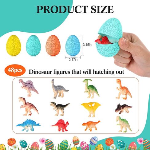 Sumind 48 Sets Easter Dinosaur Eggs Toys with 48 Dinosaur Figures Eggs Basket Stuffers Party Favor for Hunt Game in Saudi Arabia