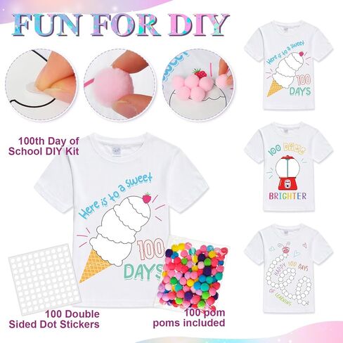 Hoolerry 3 قطع 100 يوم من المدرسة DIY مجموعة قمصان Gumball Machine DIY T قميص مع كرات بوم بومس مزدوجة الجوانب ملصقات منقطة للأطفال DIY Art Creative School 100 يوم حفلة (8/10) كما يظهر in Kuwait