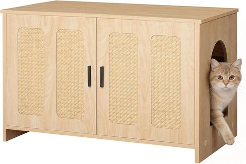 HOOBRO Farmhouse Cat Litter Box Enclosure, Hidden Litter Box Furniture with Side Entry & Vents, Litter Box Cabinet with Double Woven Doors, Side Table for Living Room, Bedroom, Natural NL33MW01 in Saudi Arabia