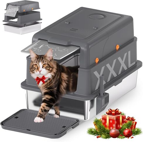 صندوق فضلات القطط Homegroove XXXL من الفولاذ المقاوم للصدأ مع غطاء، صندوق فضلات القطط الكبير جدًا مقاس 28 × 20 × 18 بوصة مع مغرفة فضلات ودواسة، وعاء فضلات القطط المعدني المغلق للقطط الكبيرة والمتعددة، مضاد للتسرب (رمادي) in Kuwait