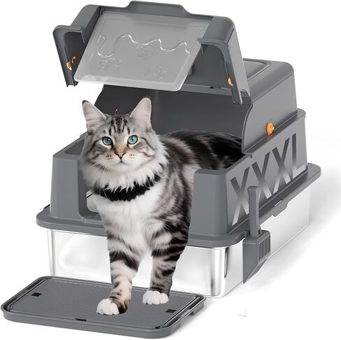 صندوق فضلات القطط Homegroove XXXL من الفولاذ المقاوم للصدأ مع غطاء، صندوق فضلات القطط الكبير جدًا مقاس 28 × 20 × 18 بوصة مع مغرفة فضلات ودواسة، وعاء فضلات القطط المعدني المغلق للقطط الكبيرة والمتعددة، مضاد للتسرب (رمادي) in Kuwait