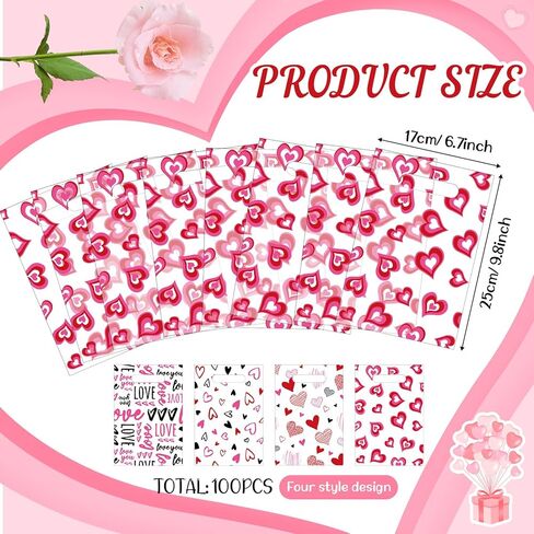 Blosssound 100 Pcs Valentines Day Gift Bags Bulk Valentines Plastic Bags Heart Candy Goodie Favor Treat Bags Valentines Day Party Decor for Valentine‘s Day Wedding Anniversary Birthday Party Favors in Saudi Arabia