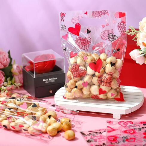 Blosssound 100 Pcs Valentines Day Gift Bags Bulk Valentines Plastic Bags Heart Candy Goodie Favor Treat Bags Valentines Day Party Decor for Valentine‘s Day Wedding Anniversary Birthday Party Favors in Saudi Arabia