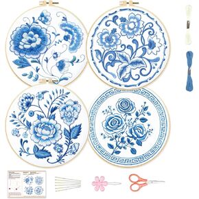 BEUNITONE 4 Set Embroidery Kit for Beginners, Blue Flower Cross Stitch Kits, Needlepoint Kits for Adults with Instructions and Full Kit, Classical Hand Embroidery Patterns for Cloth and Home Decor in Saudi Arabia