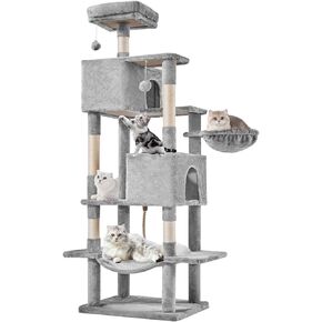 برج شجرة القطط مقاس 66 بوصة، أشجار متعددة المستويات مع أعمدة خدش، بيت للحيوانات الأليفة مع منصة مستديرة، كرات ألعاب، مجثم علوي، سلة أرجوحة، شقة داخلية للقطط من جميع الأعمار، رمادي فاتح in Kuwait