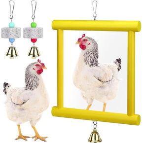1 Pieces Chicken Mirror Toys Large 12 x 10 Inch Hanging Swing Mirror with Bell Wooden Pecking Toy and 2 Pieces Beak Grinding Molar Stones for Hens Birds Parrots Coop Roosters(Yellow) in Kuwait