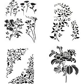 4PCS Large Floral & Vine Stencils for Painting on Wood Wall, 4 Styles Reusable Painting Templates, A4 Size Drawing Stencil for Scrapbooking, Photo Albums, Furniture Wall Art Home Decor & DIY Crafts in Saudi Arabia