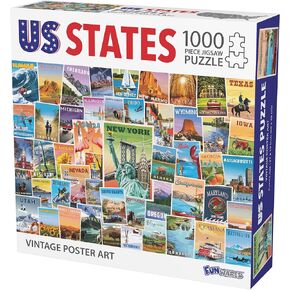 الولايات المتحدة الأمريكية ملصق فني عتيق مكون من 1000 قطعة من أحجية الصور المقطوعة مع معالم ومناطق جذب من جميع الولايات الخمسين in Kuwait