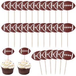 72pcs Football Cupcake Toppers, Delicate Rugby Toothpicks Wooden Tooth Picks with Paper Flags for Sport Themed Party Cake Decorations Favors Supplies in Kuwait