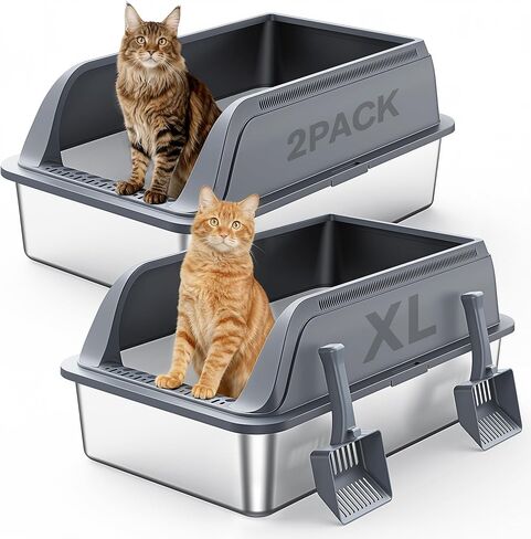 2 Packs Stainless Steel Litter Box with High Sides, Extra Large Litter Box for Big Cats & Multiple Cats, Metal Kitty Cat Box Leak-Proof, Odor-Free, Easy Clean, Included Scoop, Dark Grey in Saudi Arabia