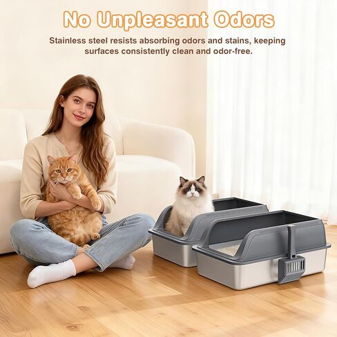2 Packs Stainless Steel Litter Box with High Sides, Extra Large Litter Box for Big Cats & Multiple Cats, Metal Kitty Cat Box Leak-Proof, Odor-Free, Easy Clean, Included Scoop, Dark Grey in Saudi Arabia