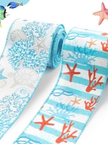 2 Rolls 10 Yards Ocean Wired Edge Ribbon, 2.5inch Blue Corals Burlap Ribbon, Starfish Turtles Gift Wrapping Ribbon for Farmhouse Party DIY Craft Summer Wreaths Bow Decoration in Saudi Arabia
