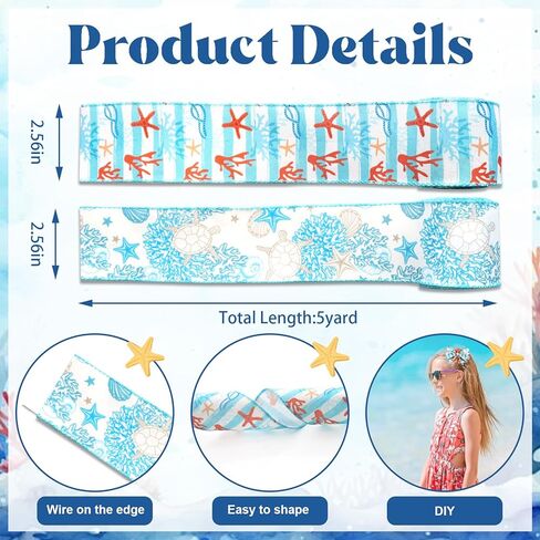 2 Rolls 10 Yards Ocean Wired Edge Ribbon, 2.5inch Blue Corals Burlap Ribbon, Starfish Turtles Gift Wrapping Ribbon for Farmhouse Party DIY Craft Summer Wreaths Bow Decoration in Saudi Arabia