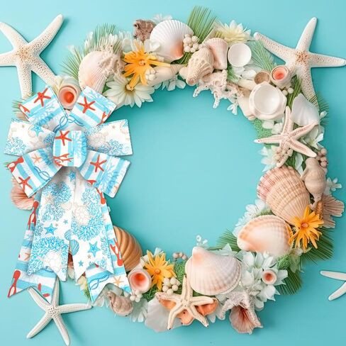 2 Rolls 10 Yards Ocean Wired Edge Ribbon, 2.5inch Blue Corals Burlap Ribbon, Starfish Turtles Gift Wrapping Ribbon for Farmhouse Party DIY Craft Summer Wreaths Bow Decoration in Saudi Arabia