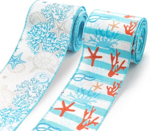 2 Rolls 10 Yards Ocean Wired Edge Ribbon, 2.5inch Blue Corals Burlap Ribbon, Starfish Turtles Gift Wrapping Ribbon for Farmhouse Party DIY Craft Summer Wreaths Bow Decoration in Saudi Arabia