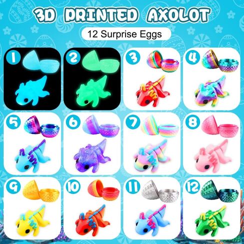DIYDEC 24pcs Easter 3D Printed Animals Axolotl Figurines with 3D Printed Eggs Mini Fidget Toys for Kids Boys Girl Easters Basket Stuffers School Classroom Prizes Egg Hunt Party Favors Gifts in Kuwait