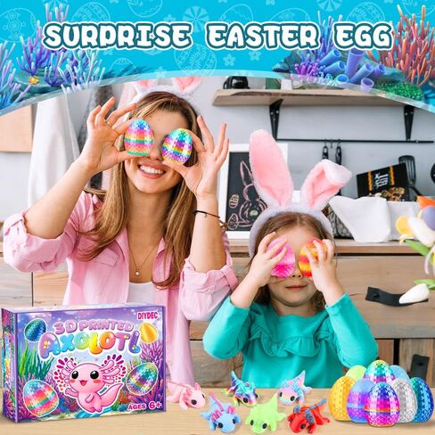 DIYDEC 24pcs Easter 3D Printed Animals Axolotl Figurines with 3D Printed Eggs Mini Fidget Toys for Kids Boys Girl Easters Basket Stuffers School Classroom Prizes Egg Hunt Party Favors Gifts in Kuwait