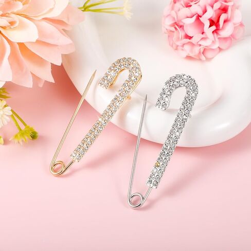 2 Pcs Gold Sliver Safety Brooch Pins Rhinestone Safety Pin Brooch Decorative Pins for Clothing Fancy Crystal Brooches Pin Large Crystal Metal Elegant Shawl Clips for Women Skirts Scarf Shirt Hats in Saudi Arabia