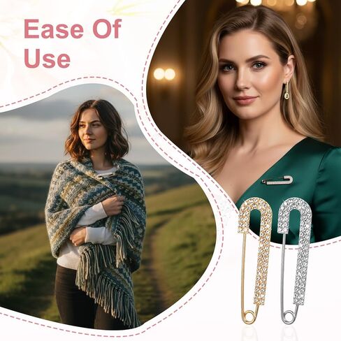 2 Pcs Gold Sliver Safety Brooch Pins Rhinestone Safety Pin Brooch Decorative Pins for Clothing Fancy Crystal Brooches Pin Large Crystal Metal Elegant Shawl Clips for Women Skirts Scarf Shirt Hats in Saudi Arabia